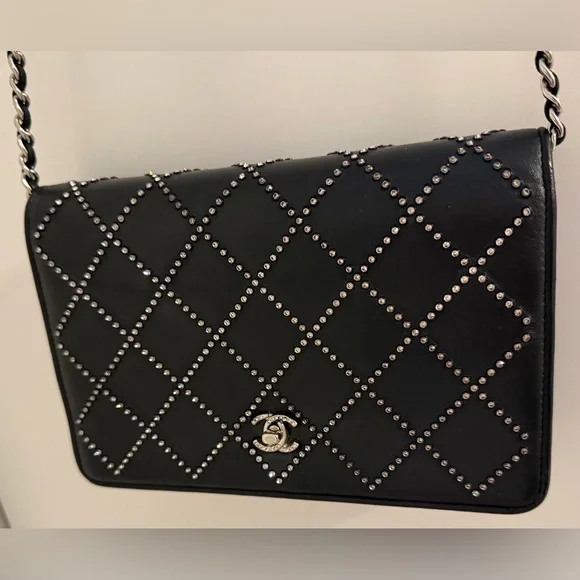 Chanel black Swarovski crystal woc wallet on a chain mini flap classic cc RARE - Picture 9 of 15